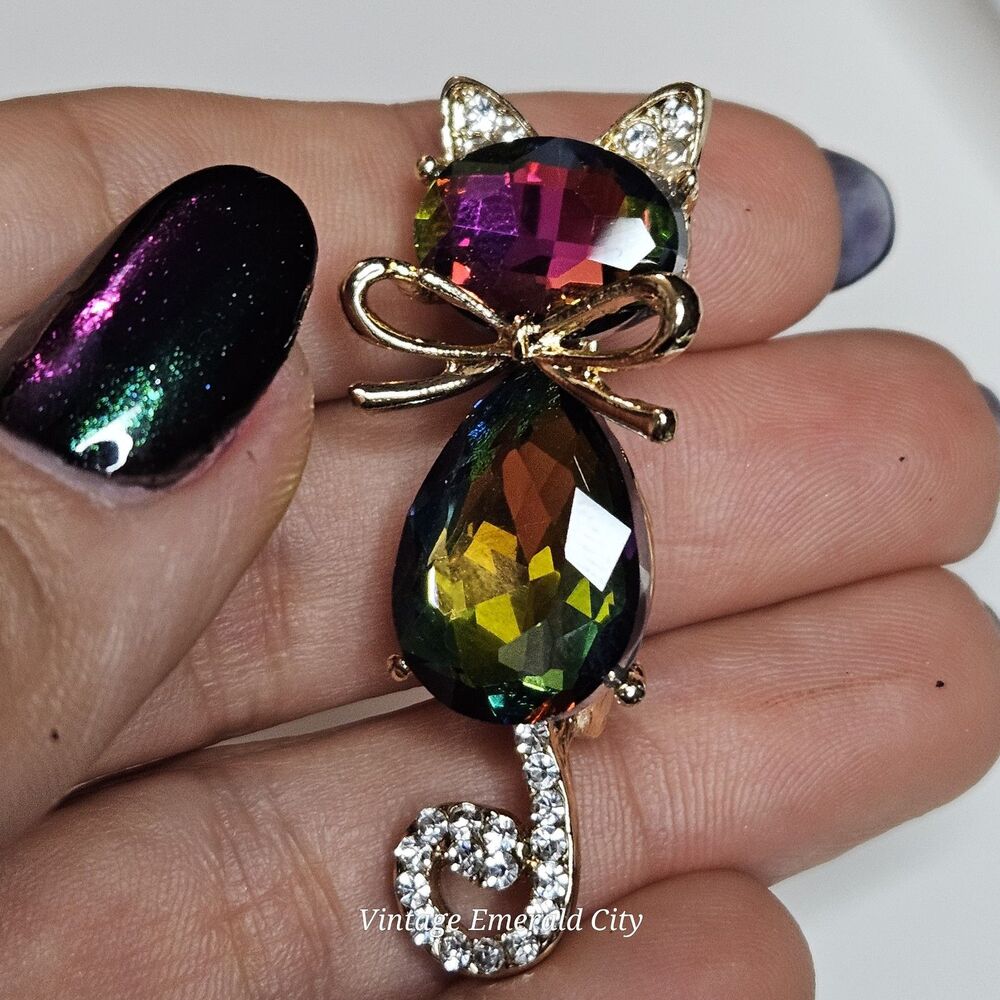 Goldtone Mr. Cat Bow Cyrstal Brooch Rhinestone Tail & Ears Iridescent Kitty Pin - Picture 9 of 13